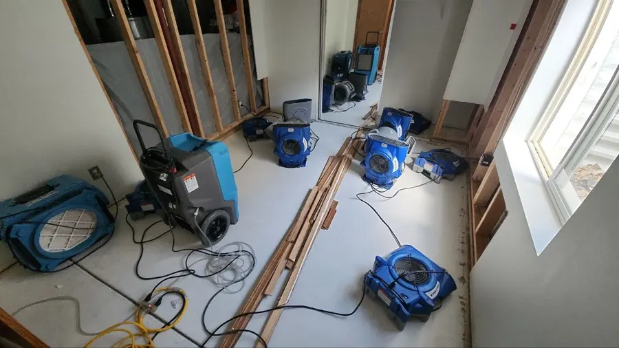 A dehumidifier and air movers drying a gutted room with open framing in Pueblo, CO