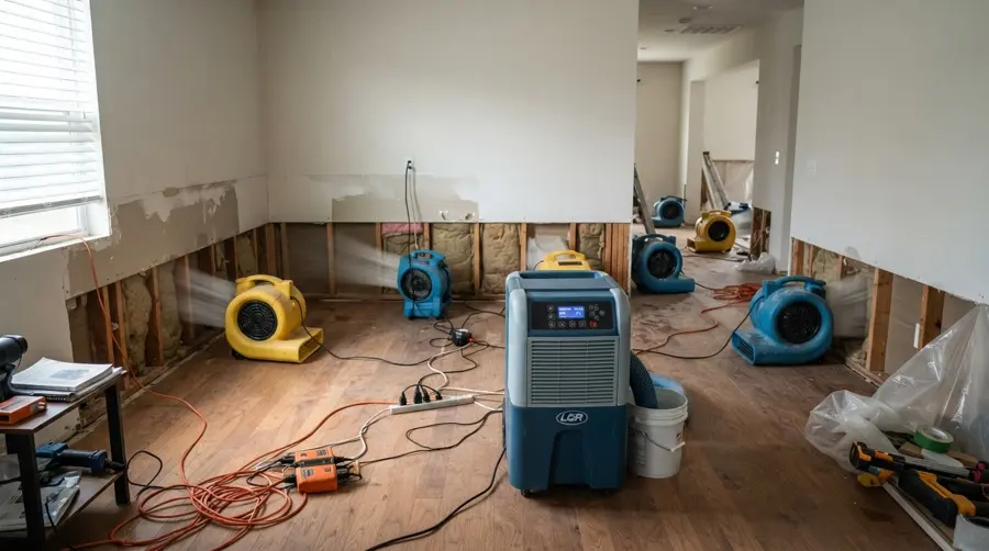 Flood-cut walls with a dehumidifier and air movers drying a living room in Pueblo, CO