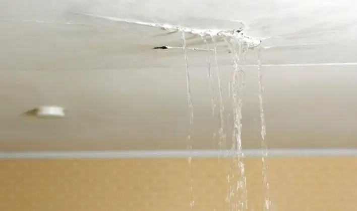 Water running down from a cracked ceiling during a ceiling leak in Pueblo, CO