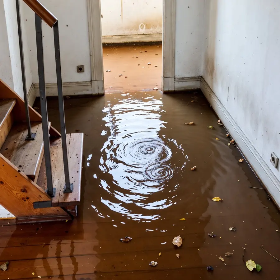 Muddy flood water with floating leaves covering a lower level beside the stairs in Pueblo, CO