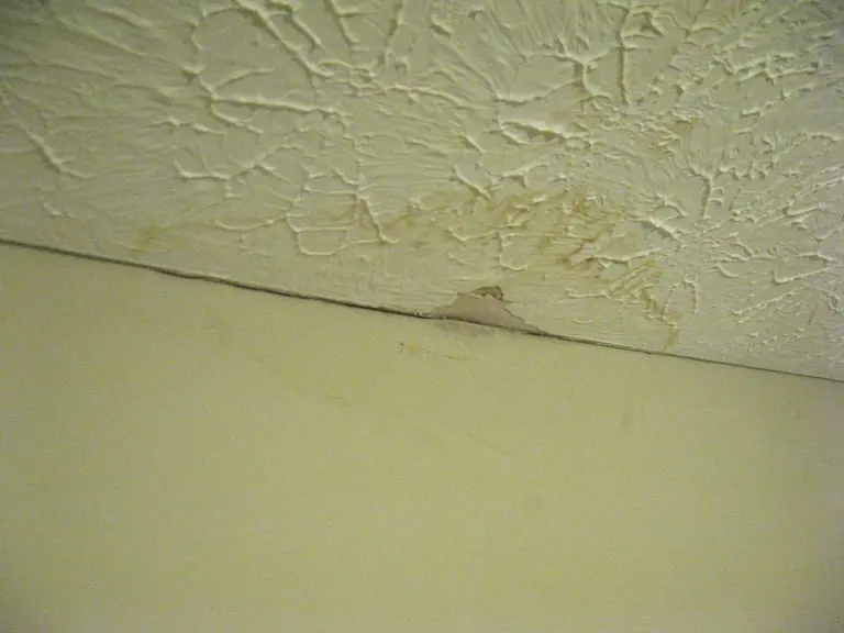Brown water stain spreading along a ceiling crack below a roof leak in Pueblo, CO