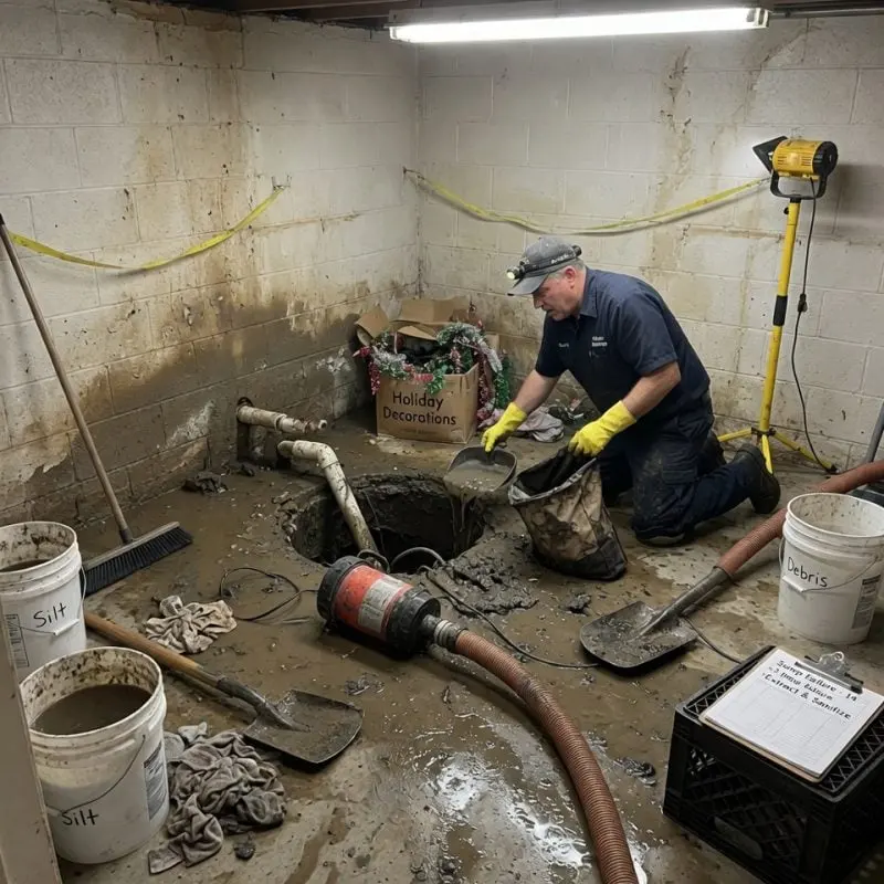 A worker in gloves clearing sludge from an opened basement floor drain after a backup in Pueblo, CO