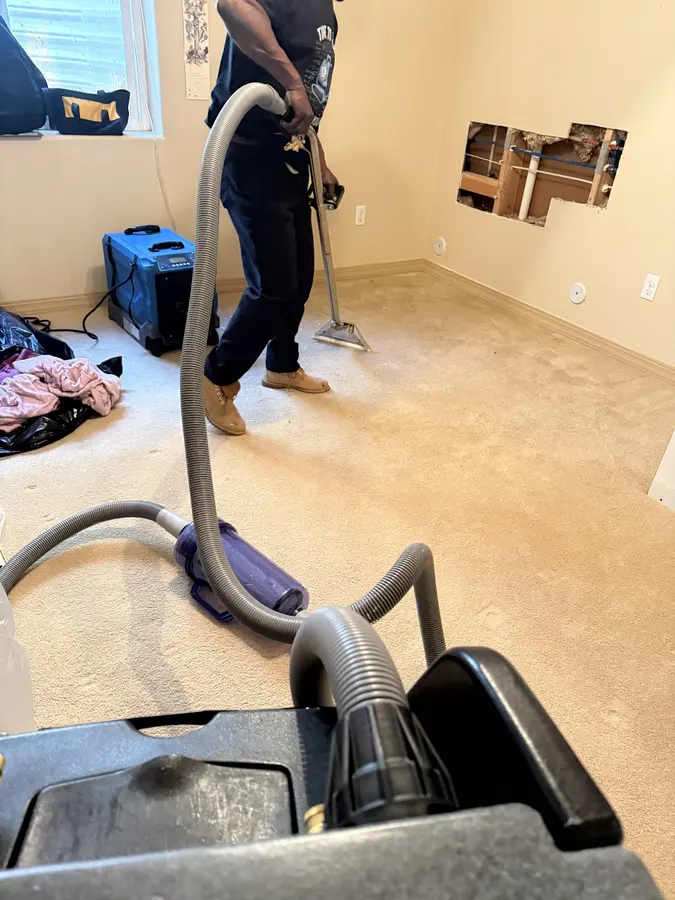 A technician running an extraction wand across wet carpet, hose fed from a portable extractor, in Pueblo, CO